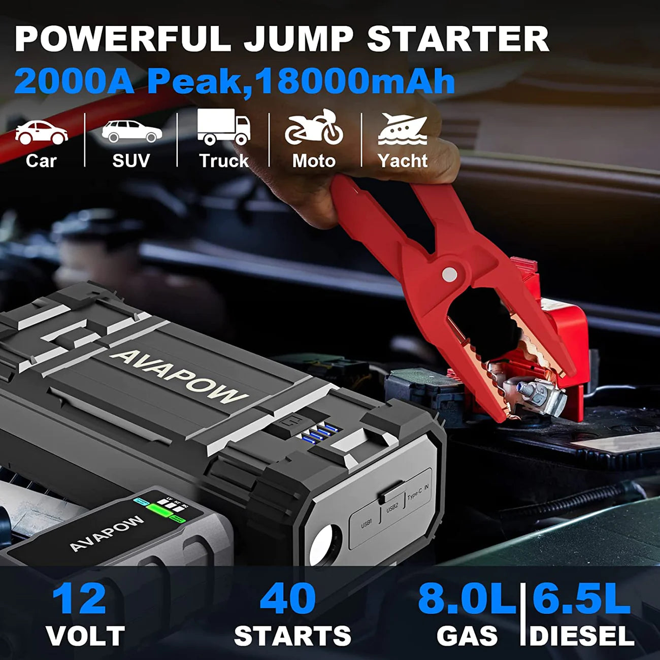 AVAPOW A18 Car Battery Jump Starter 2000A Peak Battery Capacity