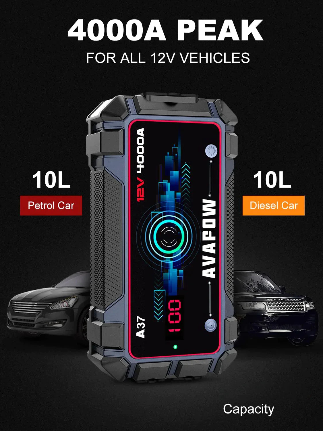 AVAPOW A37 Car Battery Jump Starter 4000A Peak Battery Capacity