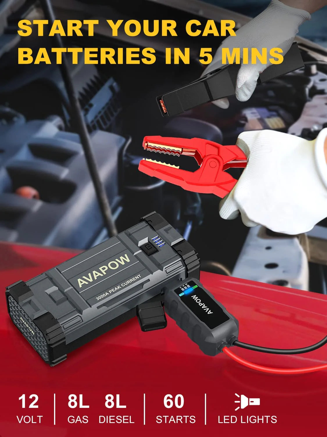 AVAPOW A28 Car Battery Jump Starter 3000A Peak Battery Capacity