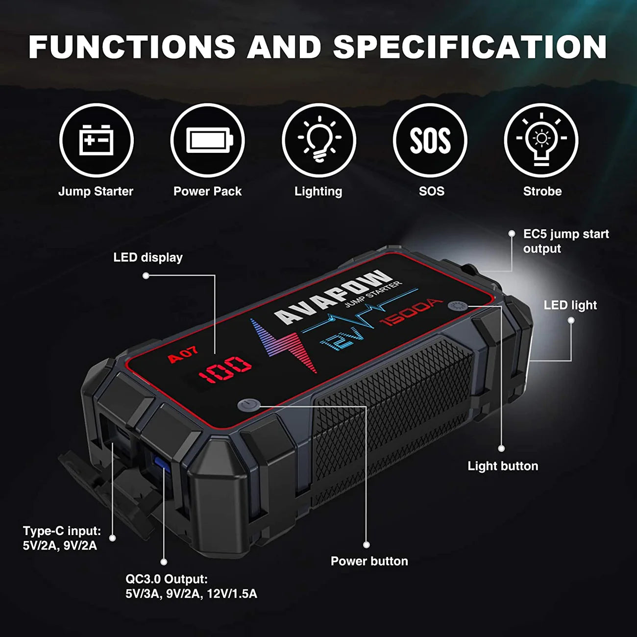 AVAPOW A07 Car Battery Jump Starter 1500A Peak Battery Capacity