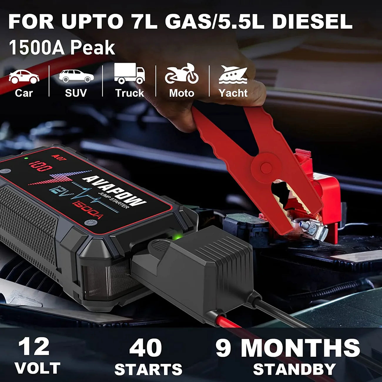 AVAPOW A07 Car Battery Jump Starter 1500A Peak Battery Capacity